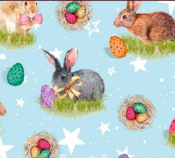 Velikonoční plátno dekorační - králíci na modré