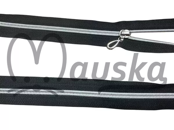 Zip spirálový bundový no5 dělitelný délka 90 cm - DVOUBAREVNÝ STŘÍBRNÁ NA ČERNÉ, ozdobný jezdec